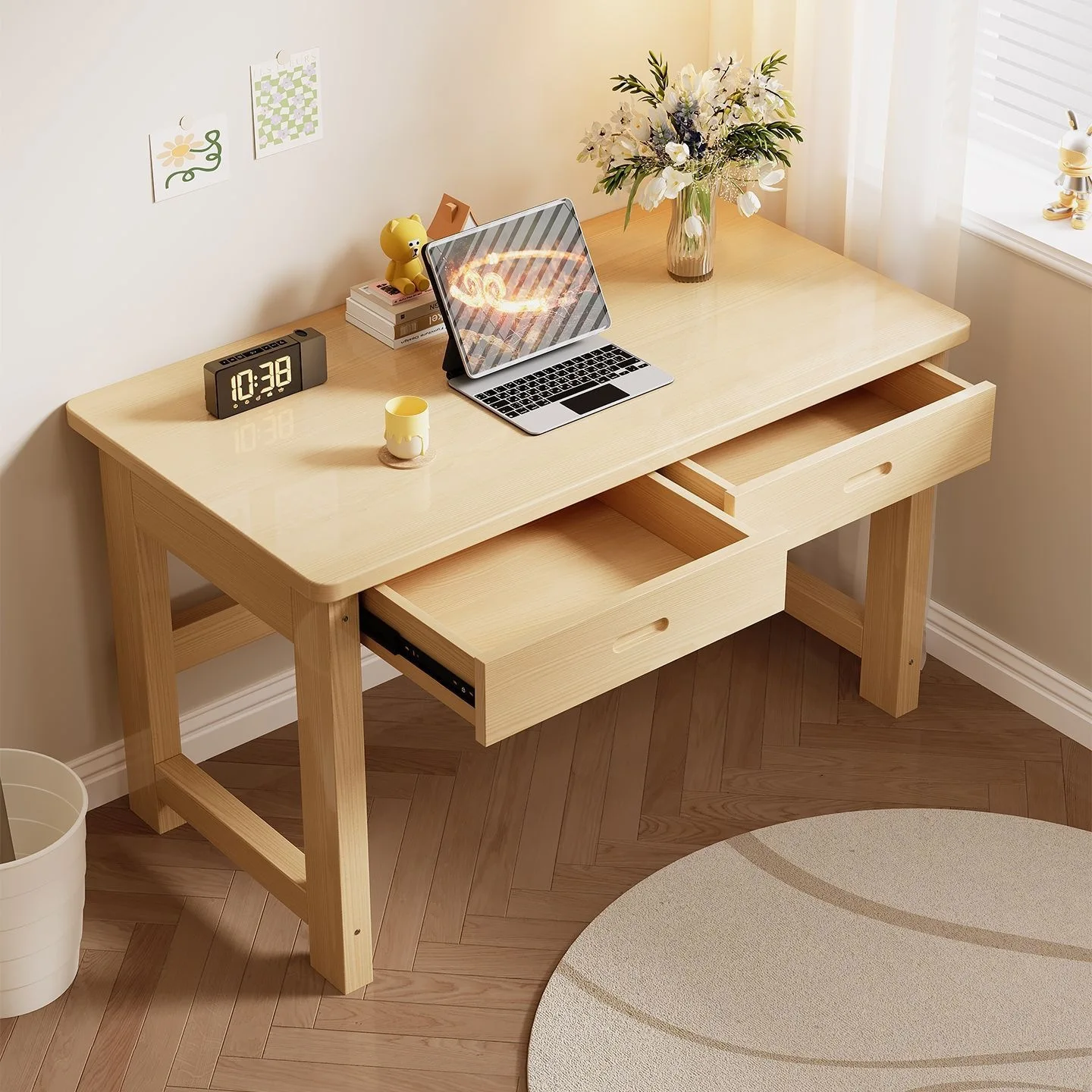 All solid wood simple study table, modern writing table for students, desk with drawers for primary school students and junior