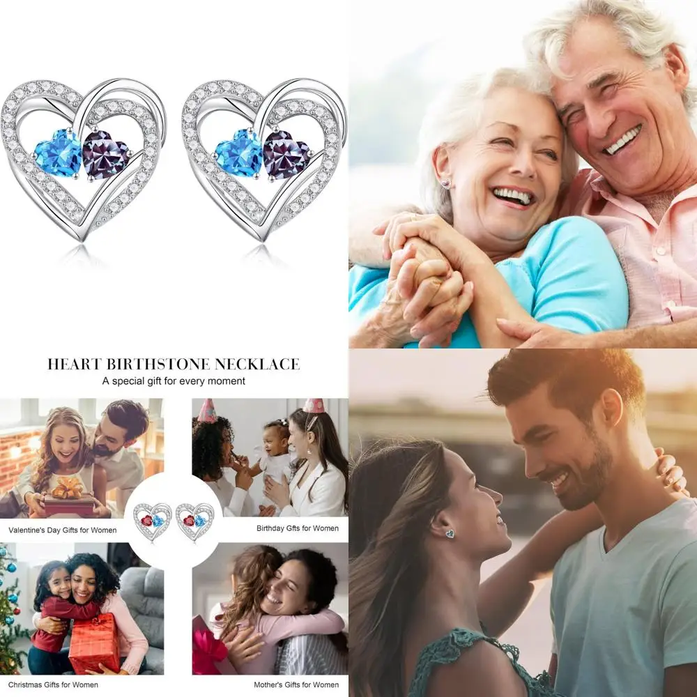 

Sterling Silver Double Birthstone Earrings, Heart Studs, Perfect Anniversary Birthday Gifts for Women, Celebrate Special Occasio