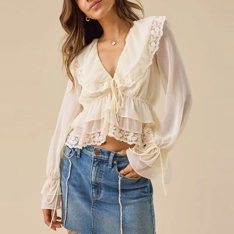 

Combhasaki Women Embroidery Floral Lace Trim Patchwork Ruffle Shirt Top Bow Tied Deep V Neck Flare Long Sleeve Crop Sheer Blouse