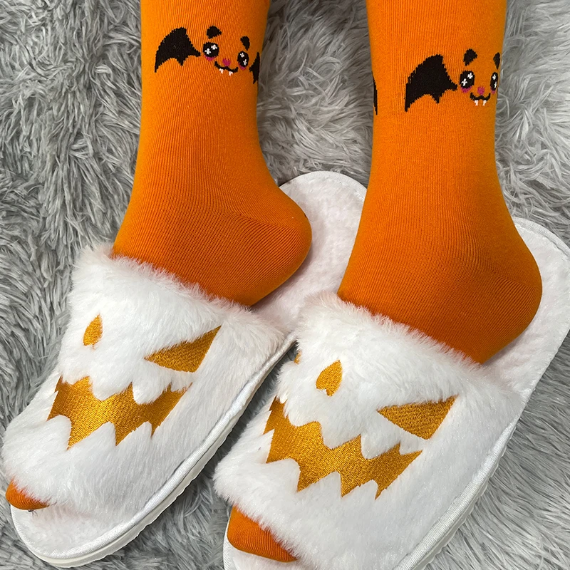 Highland Cow Halloween Pumpking Plush Slippers Funny Lantern Fluffy Slipper Warm Soft Indoor House Open Toe Shoes for Party