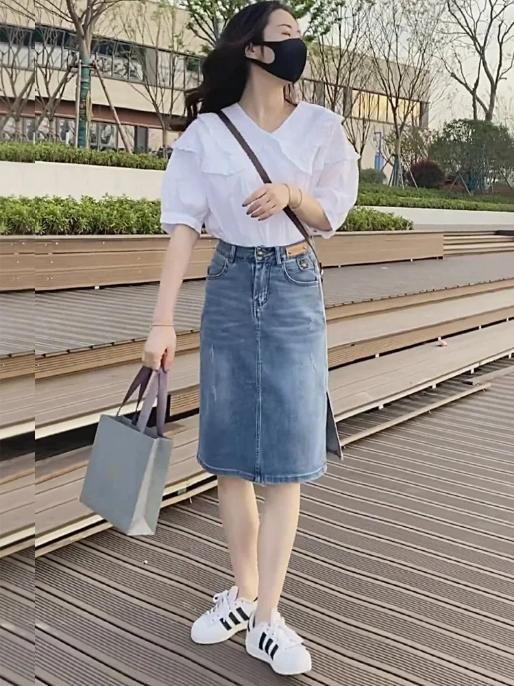 

Casual White Shirt Doll Collar Denim Skirt Two-Piece Set Women's High-End Summer Fashion Ensemble Elegant Female Outfit