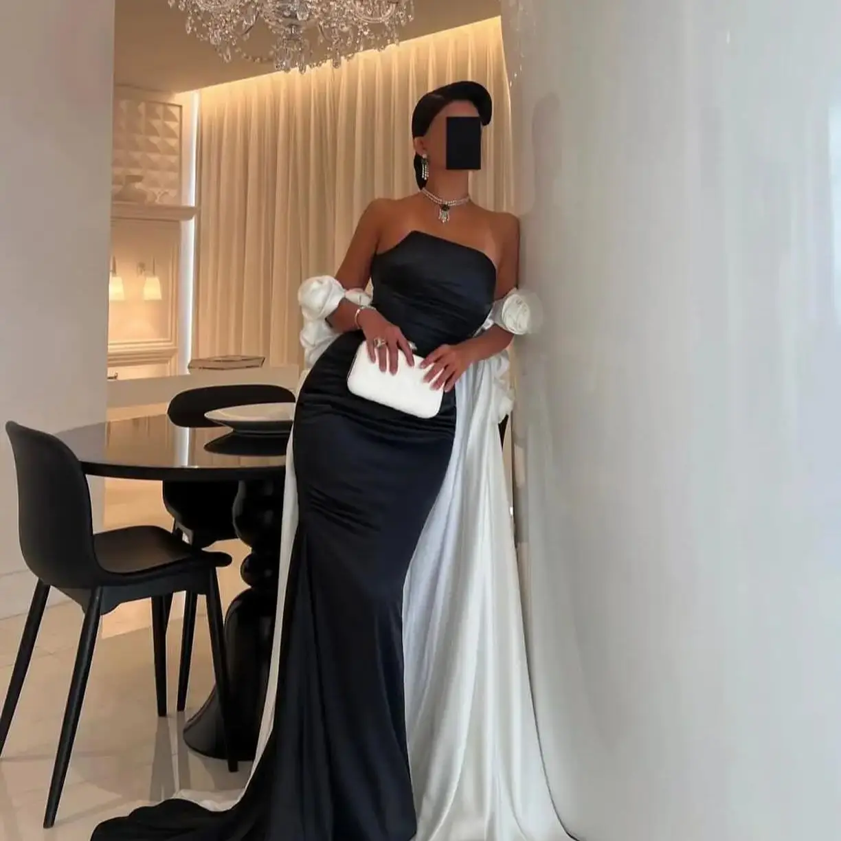 AsaNagi Elegant Black Prom Dress Women Strapless 3D Flowers Party Evening Dresses Floor Length customized Special Occasion Gowns