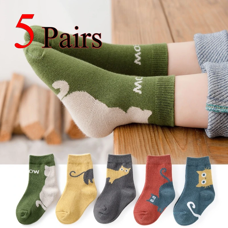 5 Pairs Baby Cartoon Cat Cotton Socks, Breathable Seamless Mid-Calf Socks for Boys and Girls Ages 0-3, Spring, Autumn and Winter