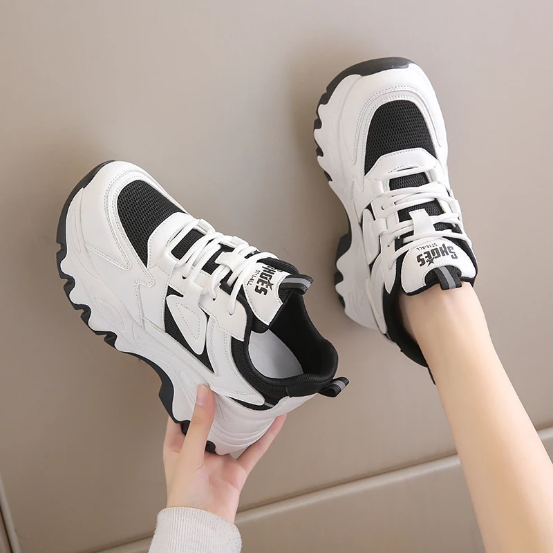 Mix Color Platform Sneakers for Women Lace-Up Breathable Mesh Vulcanize Shoes Ladies Thick Bottom Non-Slip Sports Shoes Female