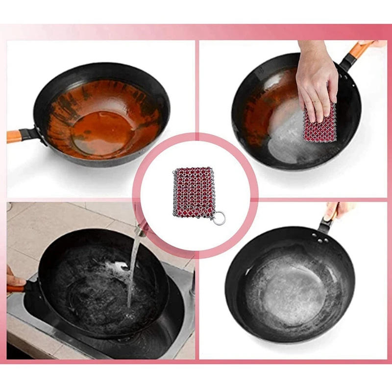 2X Cast Iron Skillet Cleaner,316 Stainless Steel Chainmail Cleaning Scrubber Silicone Scrubber,(Red)