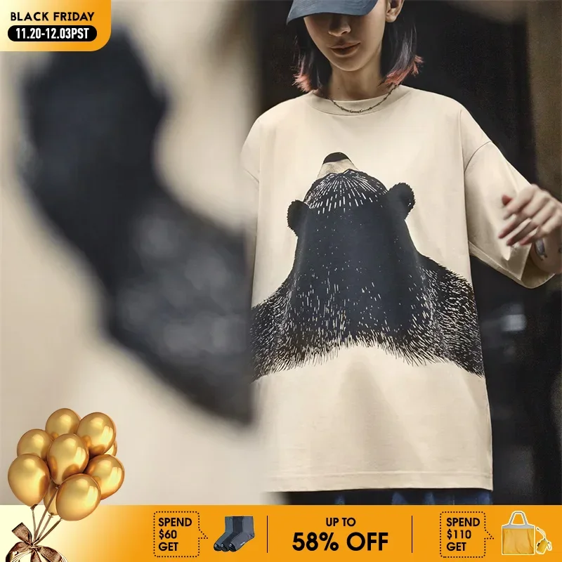 

Maden Women's Summer Oversized Bear Print Short Sleeve T-Shirt Apricot Loose Fit Ribbed Crew Neck Tee Cute Casual Street Tops