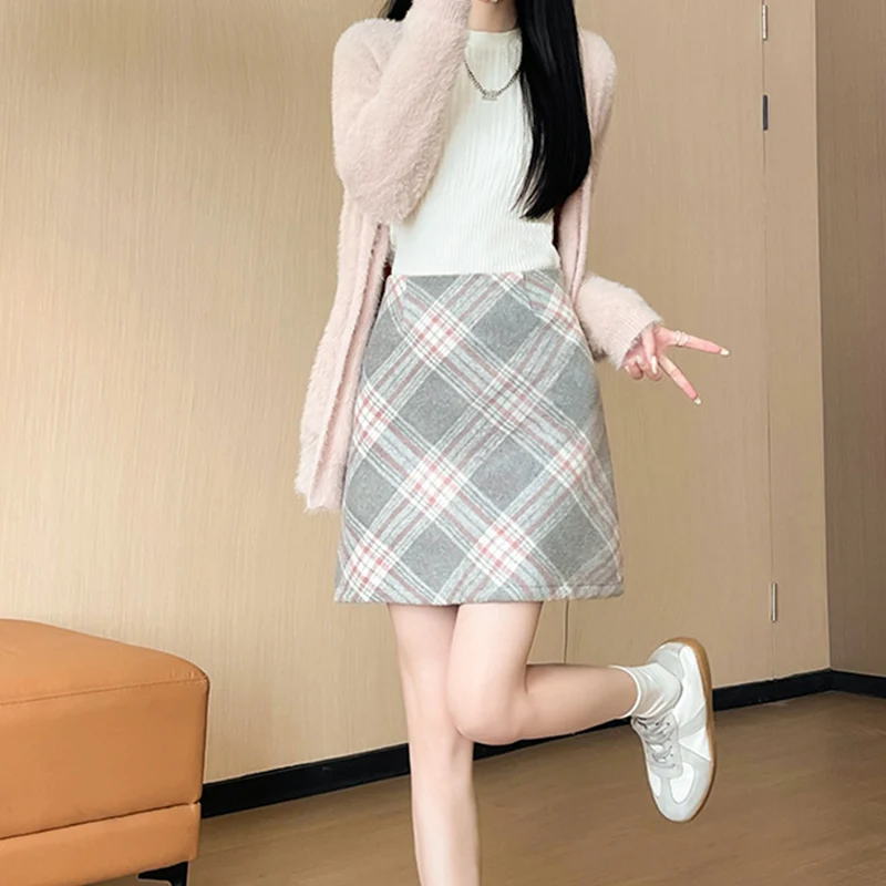 

Autumn Winter Korean Plaid Woolen Skirt Women High Waist Slimming Wrap Hip Mini Skirts Y2K Thicken Warm Short A-Line Skirt Mujer