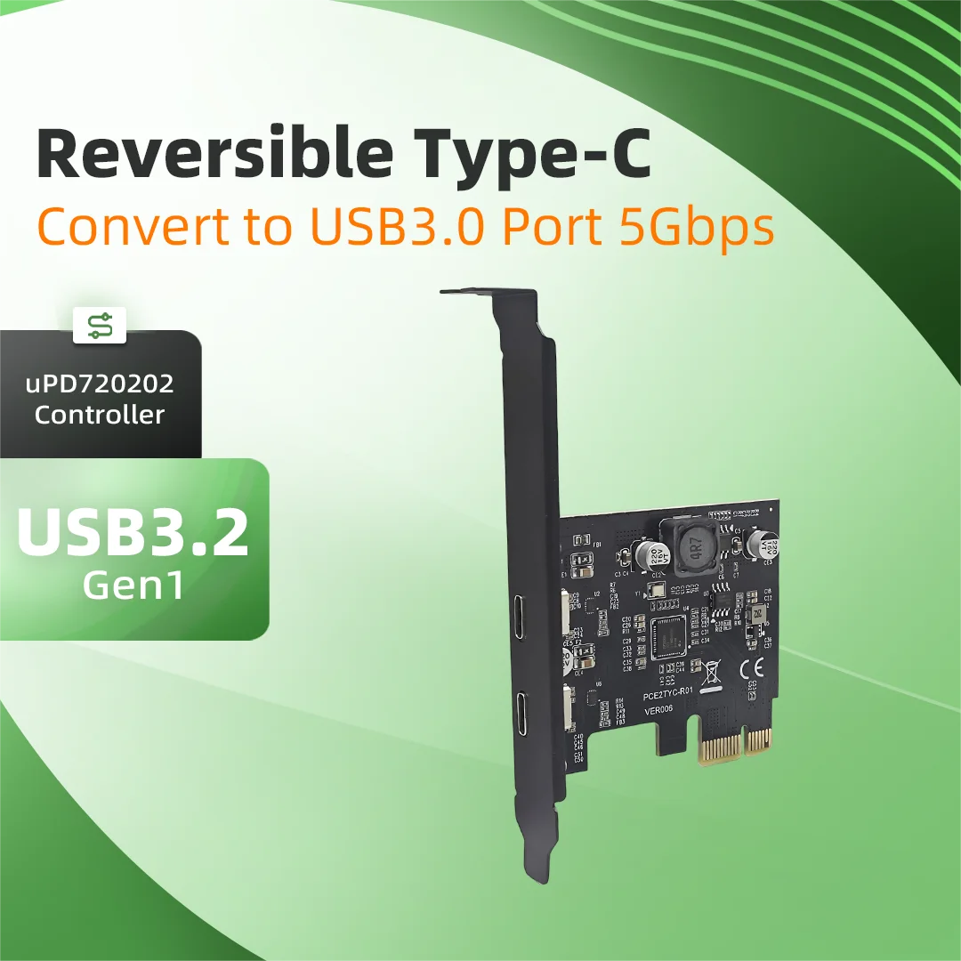 PCI-E USB3.2 Gen1 Expansion Card 5Gbps Type-C Reversible Plug UPD720202 Chip PCI Express to USB3.0 Adapter Card for Linux