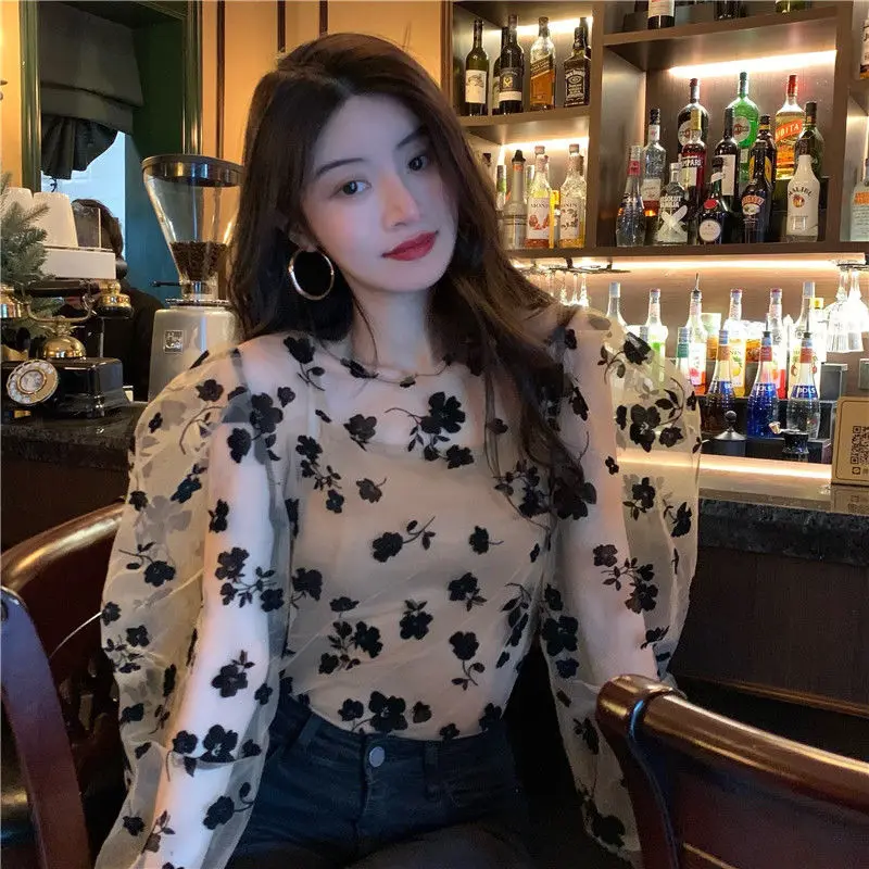 Spring Women New 2024 French Net Yarn Long Sleeved Design Niche Tops Hollow Out Loose Temperament Perspective Printing Shirt