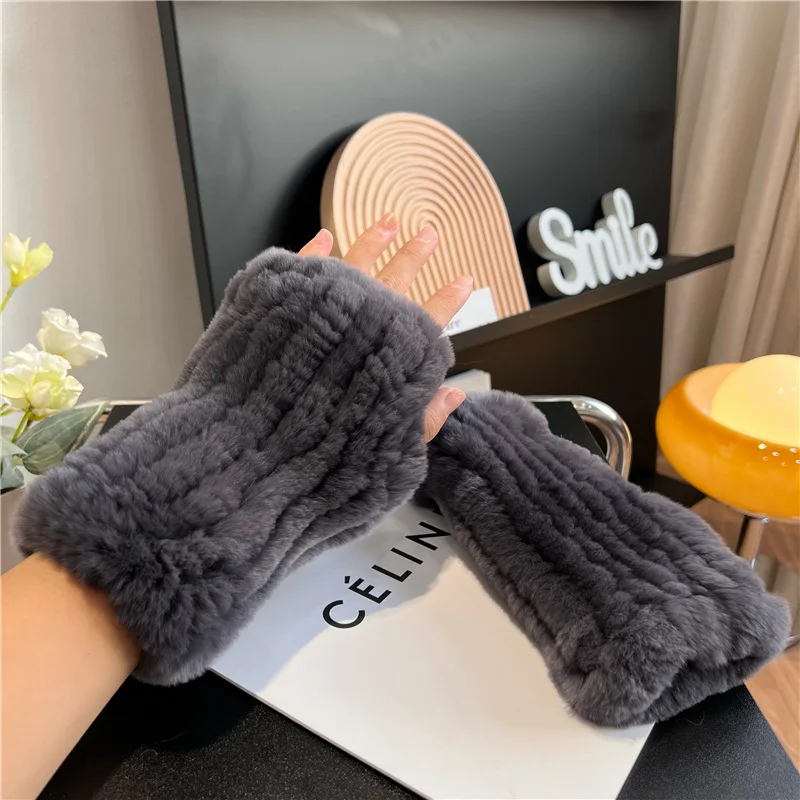 New Arrival Female Natural Rabbit Fur Gloves Knitted Warm Real Rex Rabbit Fur Mittens Women Winter Outdoor Rex Rabbit Fur Gloves