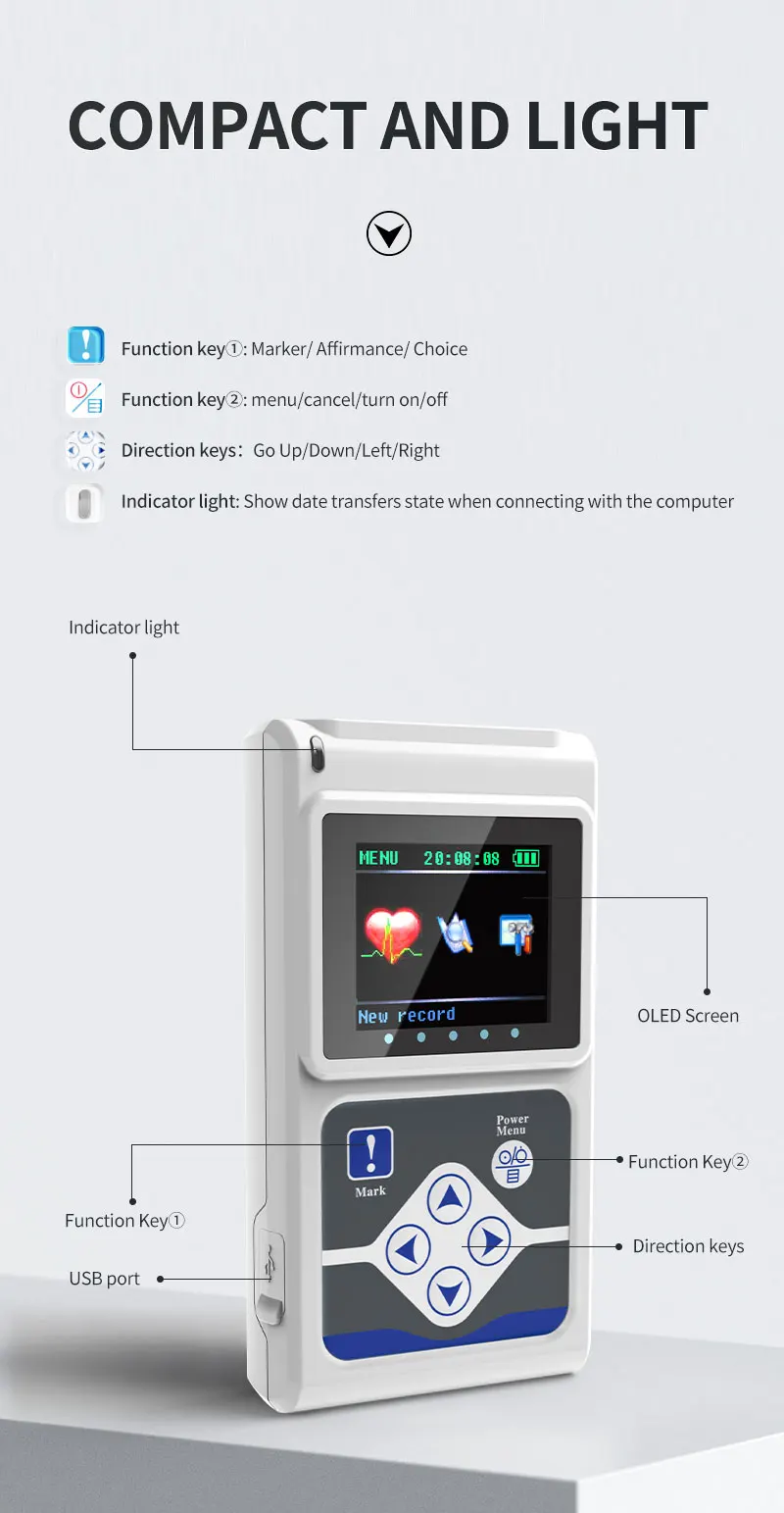 CONTEC Offical TLC9803 Genuine 3 Channels ECG Holter Monitor System 24-Hour Dynamic EKG Recorder for Heart Rate Monitor