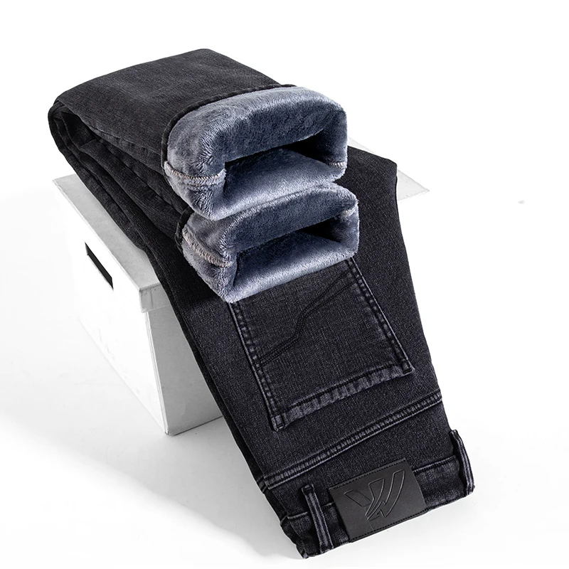 Super Thick Fleece Warm Men's Jeans Winter High Quality Clothing Classic Business Casual Straight Fit Loose Dad's Denim Pants