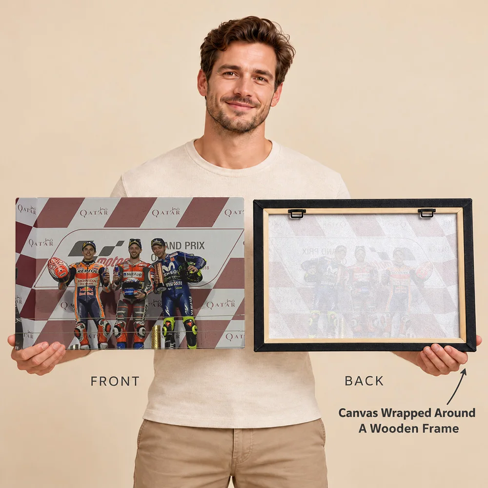 MotoGP Qatar Podium Celebration Canvas Print With Wooden Frame Personalized Photo Vehicle Detail Wall Art For Garage Rider Gift