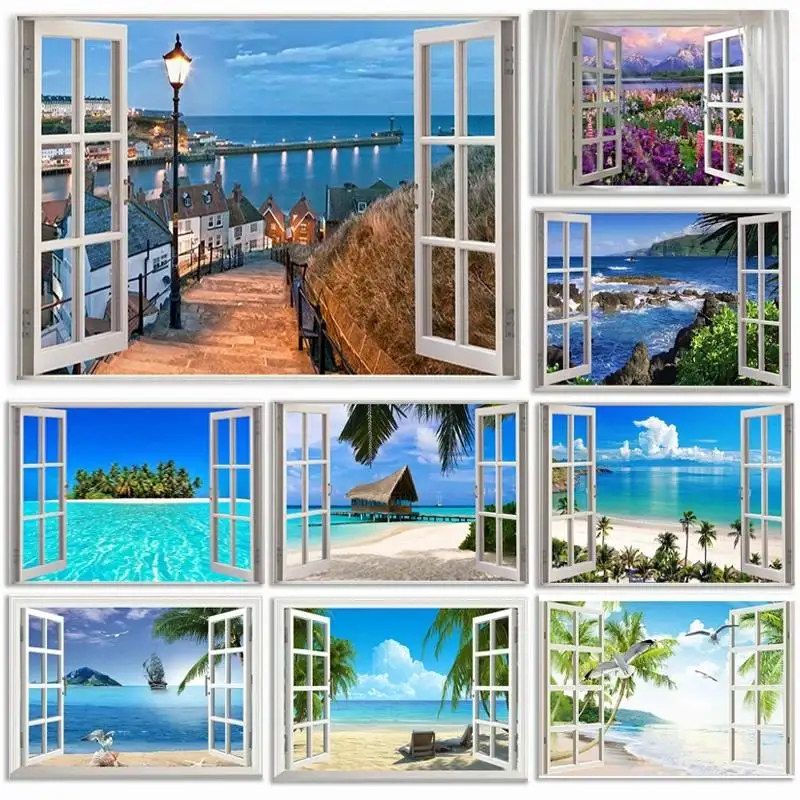 Seascape Canvas Print  Window View Landscape Wall Art for Living Room  Bedroom Decor