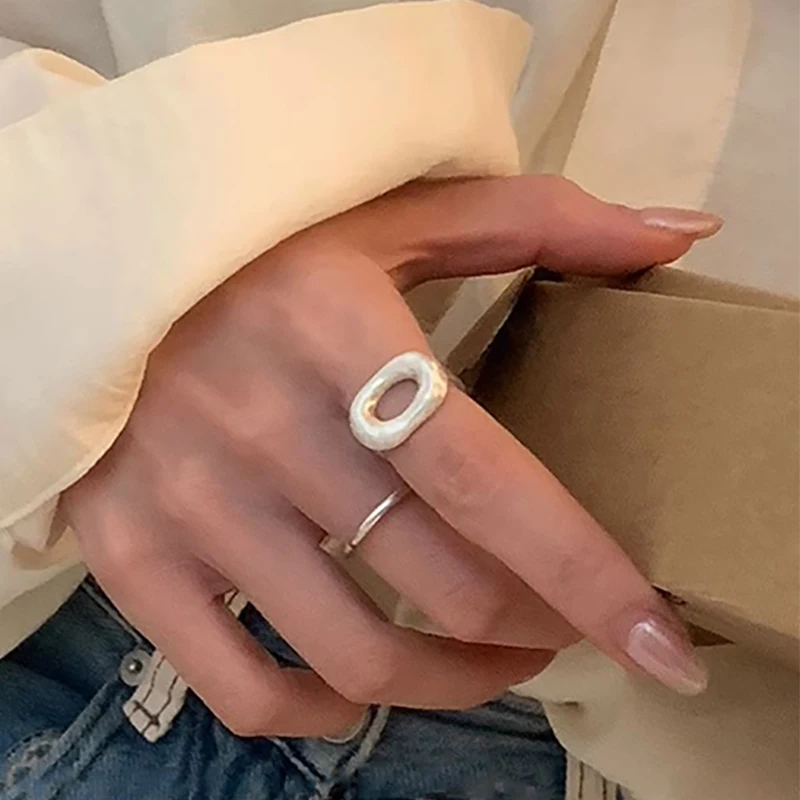 Foxanry Minimalist Silver Color Party Rings for Women Korean Cute Creative Design Hollow Scrub Geometric Finger Jewelry Кольцо