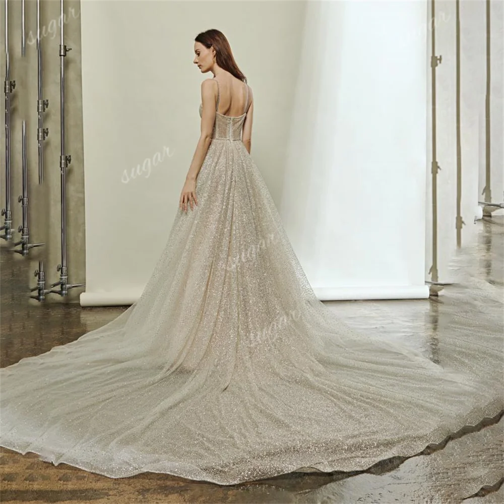 Simple Sparkly A Line Wedding Dresses Spaghetti Straps Long Train Bridal Gowns Elegant Sweetheart Luxury Dress Robe De Soiree