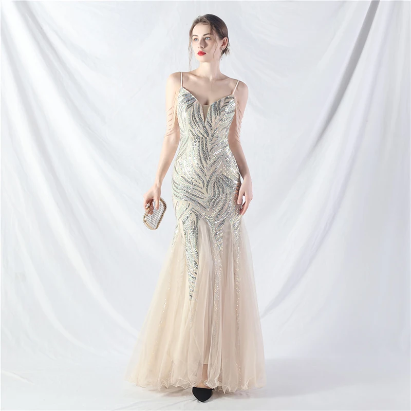 

Women Summer 2024 Elegant Sexy Spaghetti Strap V Neck Sequined Mesh Party Wear Cocktail Prom Wedding Evening Long Dresses