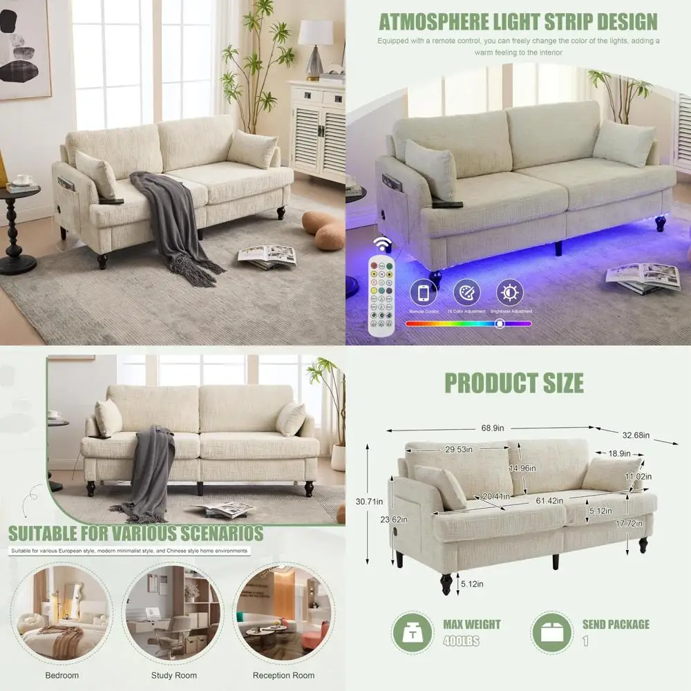 

Современный 2-местный двухместный диван из синели с глубоким сиденьем и 2 подушками для гостиной, 68 широкий мягкий диван