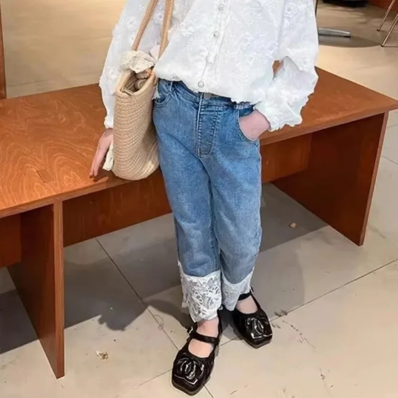 ربيع 2015 الاطفال الجينز فتاة الدانتيل السراويل الاطفال 2-7 سنة الفتيات السراويل الأطفال أزياء جديدة الخريف الملابس