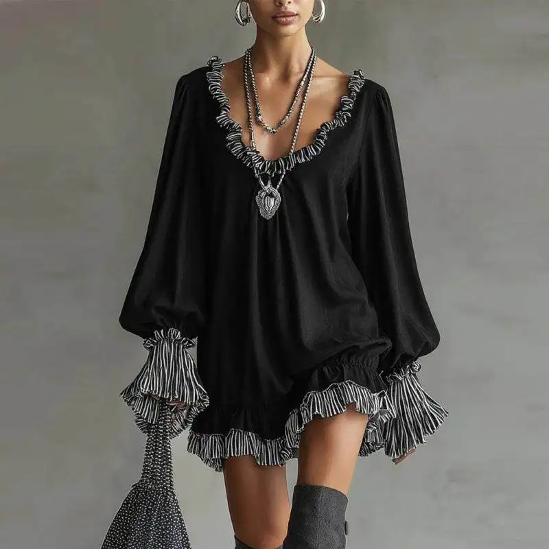 

Slimming Short Princess Style Dress Black Wooden Detail Autumn Winter Fashion Retro Skirt European Style mid Waist Design