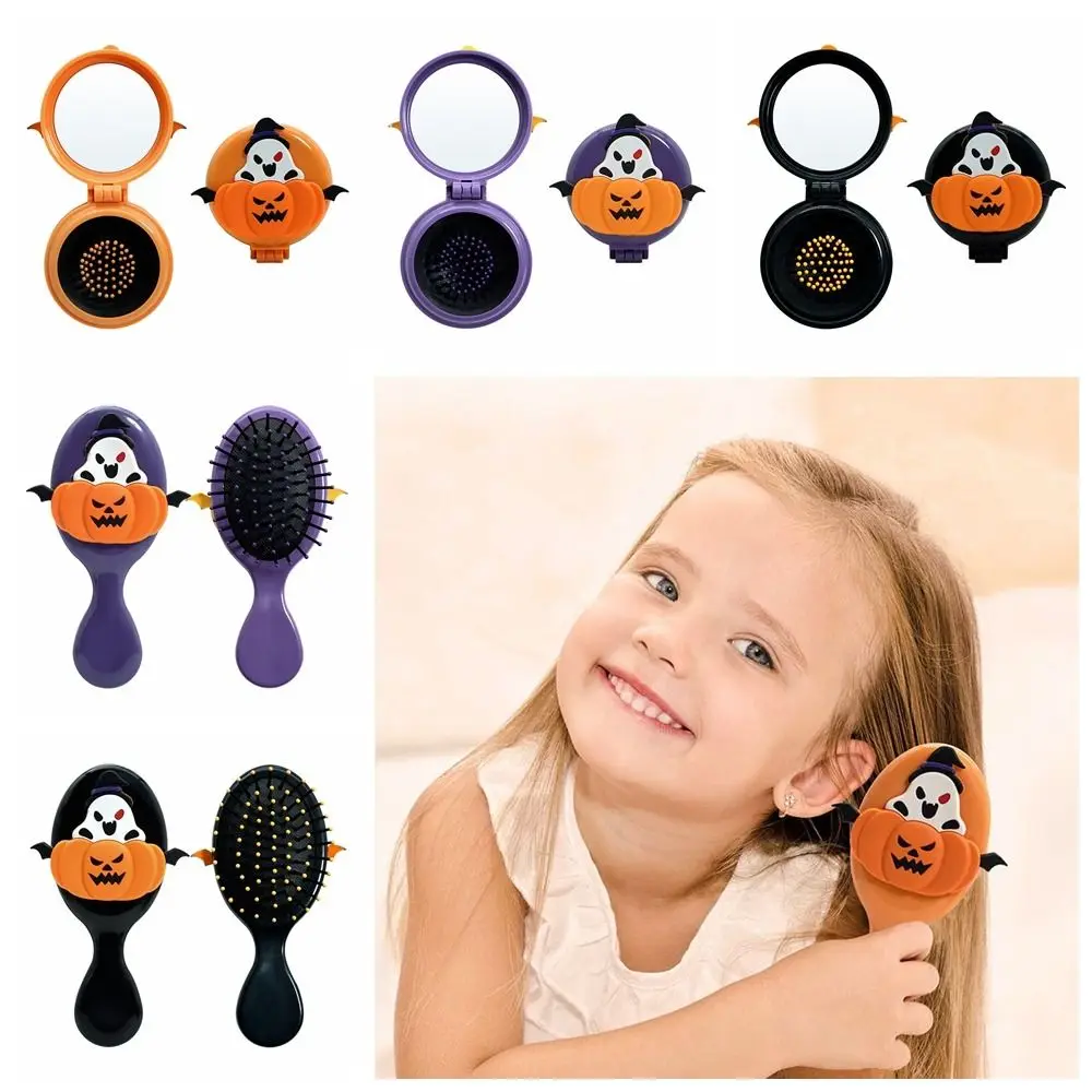 Mini Compact Round Folding Comb with Mirror Pumpkin Scalp Cartoon Air Cushion Comb Anti Static Fine-Tooth Pocket Hair Brush Girl