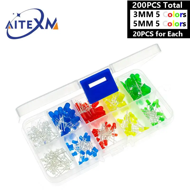 100PCS/200PCS 3mm 5mm LED Diode Assorted Kit White Green Red Blue Yellow F3 F5 Led Lights Emitting Diodes Electronic DIY Kits