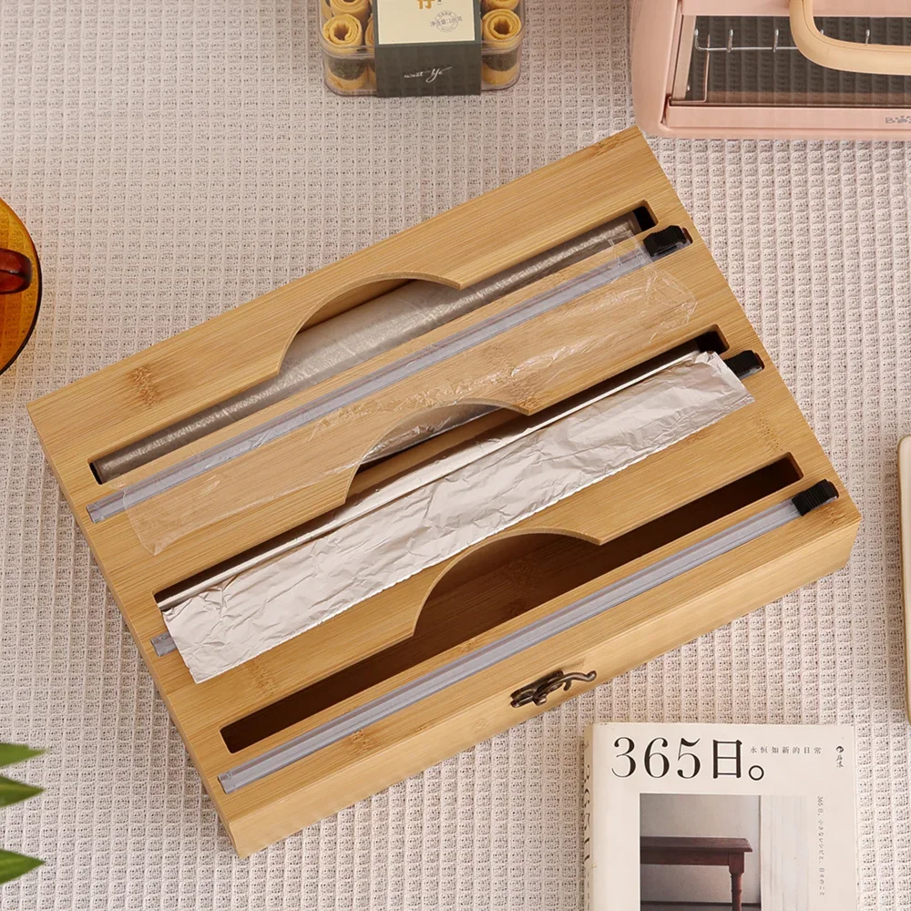 New 3 In 1 Bamboo Wrap Dispenser Storage Dispenser For Aluminum Foil Dispenser With Cutter Cling Film Holder Kitchen Accessories