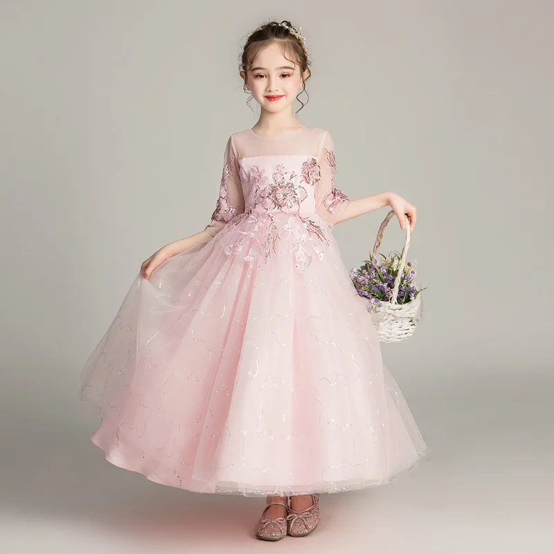 Fashion Sequin Embroidery Flower Girl Dresses Elegant Birthday Piano Perform Wedding Dress Half Sleeve Lace Girls Party Dresses