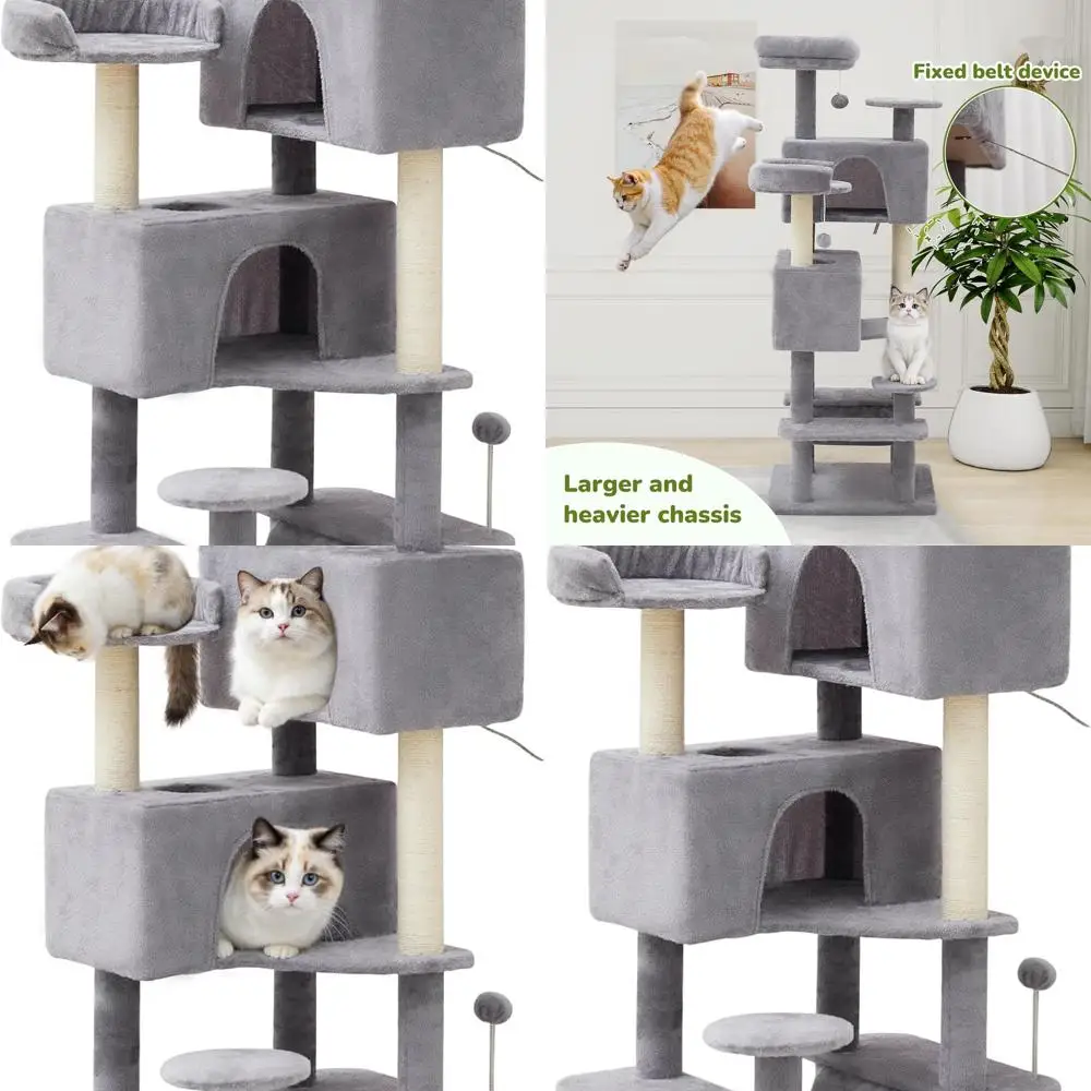 

54 High Multi-Level Gray Cat Tree with Hammock, 2 Perches, Scratching Posts & Toys