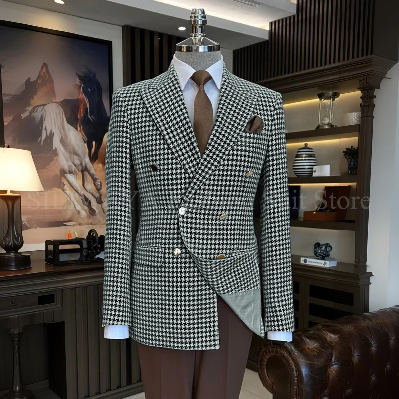 Mode Notched Revers Plaid Pakken Mannen Twee Stukken Double Breasted Blazer Bruine Broek Formele Party Tuxedos - afbeelding 1