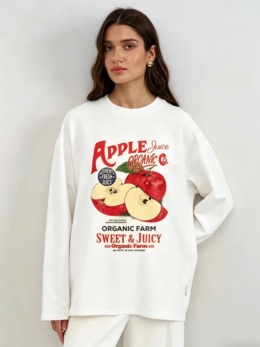 Spring Autumn 100% Cotton Women T‑Shirt Apple Juice Organic Farm Fruit Graphic Print Long Sleeve Loose Fashion Basic Base Top