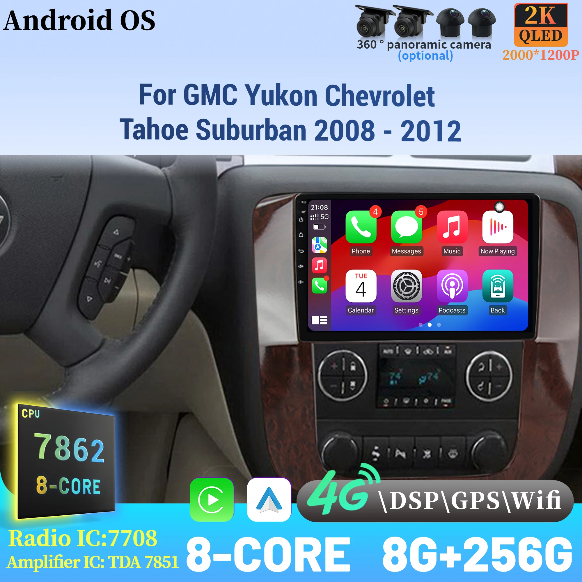 

For GMC Yukon Chevrolet Tahoe Suburban 2008-2012 Wireless BT CarPlay Android 14 Radio Car Multimedia Player Touch 2K QLED Screen