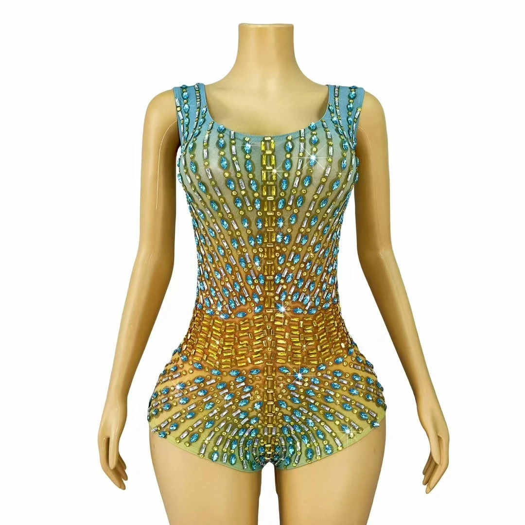 Peacock Blue Rhinestones Bodysuit Sexy Stage Transparent Mesh Leotard Performance Dance Costume Nightclub DJ Singer Show Clothes