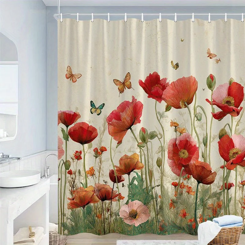 Elegant Botanical Floral Shower Curtain Waterproof Bathroom Decor Poppies Garden Watercolor Print Luxury Curtain Liner
