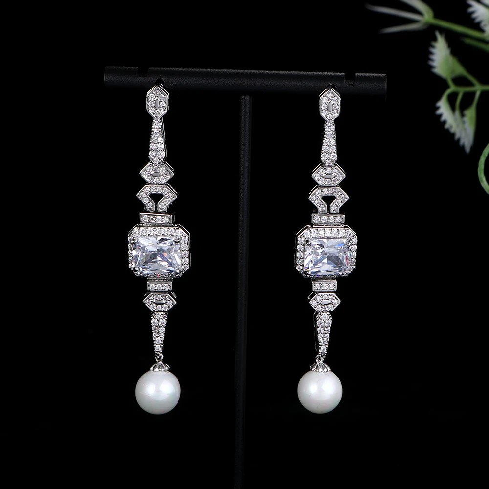 

Luxury Geometry Sparkling Long Waterdrop Square Pearl Drop Earrings For Women Wedding Indian Dubai Bridal Jewelry E1127