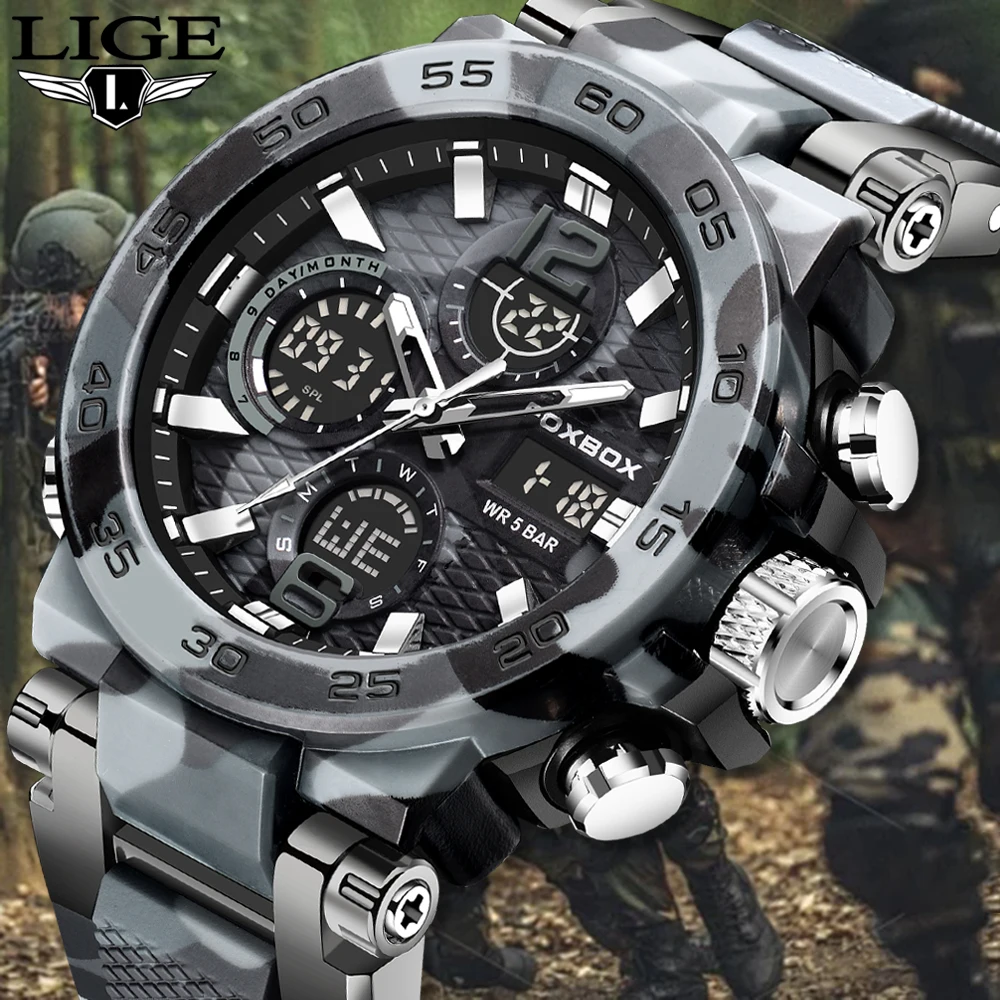 LIGE New Men Watch Sports Digital Electronic Watch Full Function World Time LED Auto Hand Lifting Lamp Waterproof Watch For Men