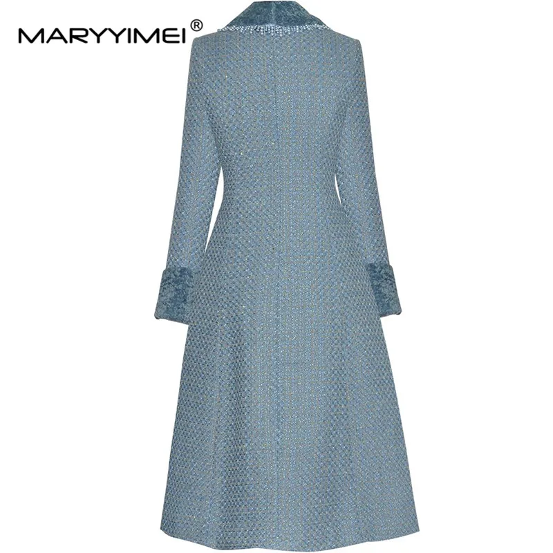 MARYYIMEI Autumn and Winter New Women's Coat Long-Sleeved Double-breasted Pocket Beading Tasserl Sky Blue Long Overcoat