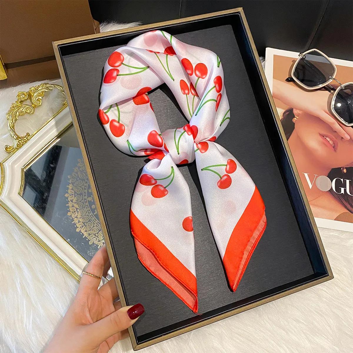 

Luxury Print Satin Silk Square Scarf for Women Shawl Hijab Neckerchief Female Cherry Hair Ribbon Headband Fashion Wrap Bandana