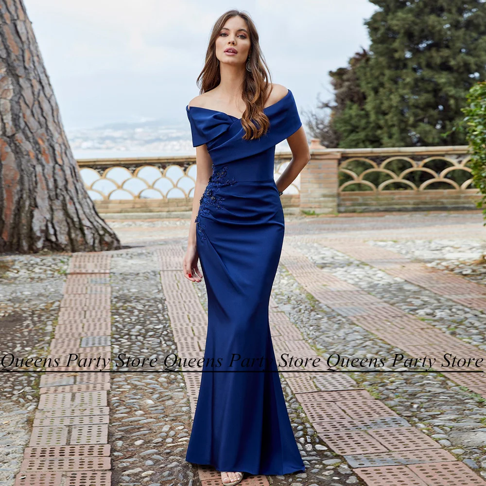 

Royal Blue Mother of The Bride Dress Off Shoulder V Neck Beads Applique Sweep Train Mermaid Party Dresses Wedding Guest Gown