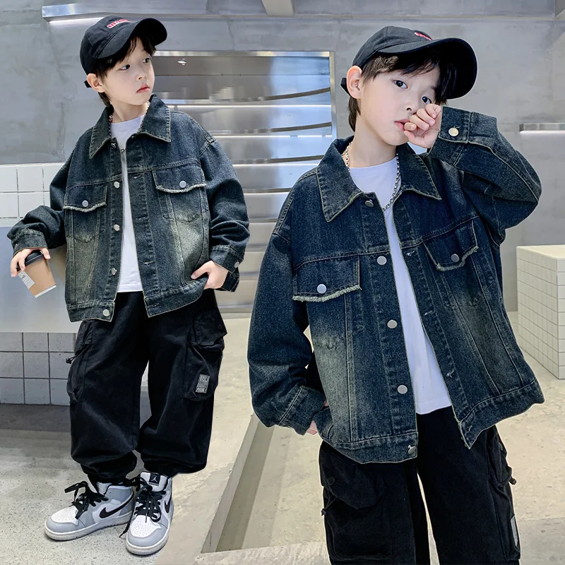 

New Autumn Children's Classic Vintage Blue Denim Jacket for Teenage Boy Luxury Clothing High Quality Kids Denim Coat Outerwear