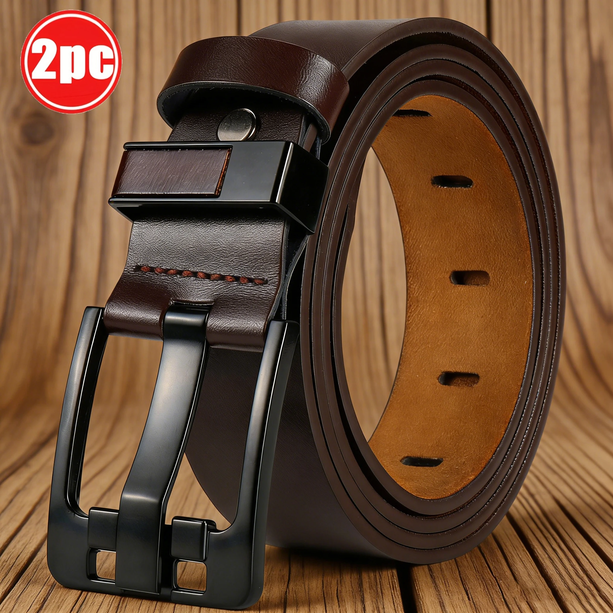 2pc men's brown belt, black and brown needle buckle, daily wear, matching jeans, twill cotton pants, comfortable to wear