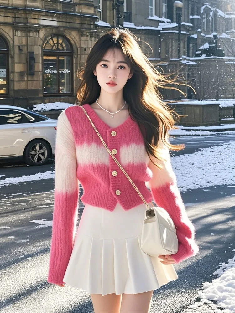 2025 New V-neck Long Sleeve Femme Fashion Korean Sweet Pink Knitted Sweter Coat Y2k Tops Sueter Mujer Cardigan Women's Clothing