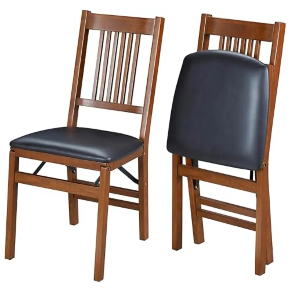 True Mission Solid Foldable Wood Dining Chairs, Fruitwood, 2 Pack | Folding Chair Set with with Black Vinyl Padded