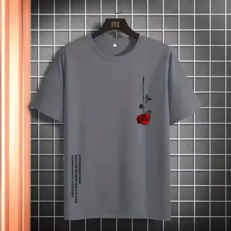 تي شيرت رجالي صيفي فضفاض مقاس 100% قطن مطبوع عليه وردة كاجوال بقصة ضيقة ورقبة دائرية وأكمام قصيرة #3