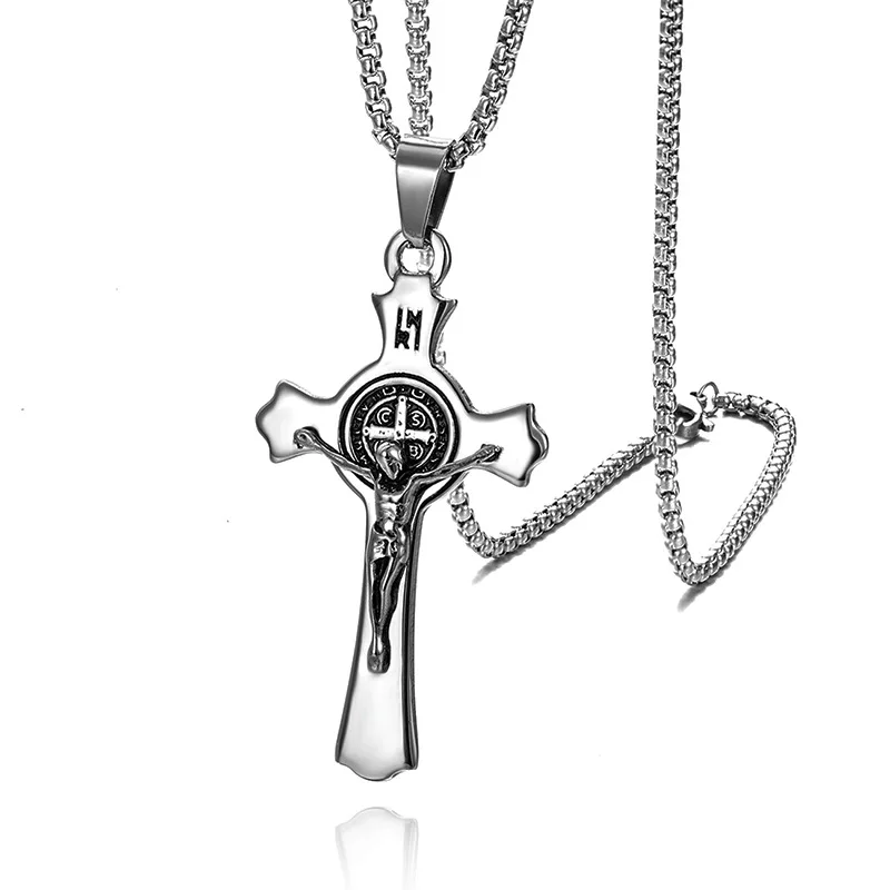 Punk Stainless Steel St Benedict Medal Holy Jesus INRI Cross Wall Crucifix Pendant Necklaces for Men Catholic Jewelry CSSML