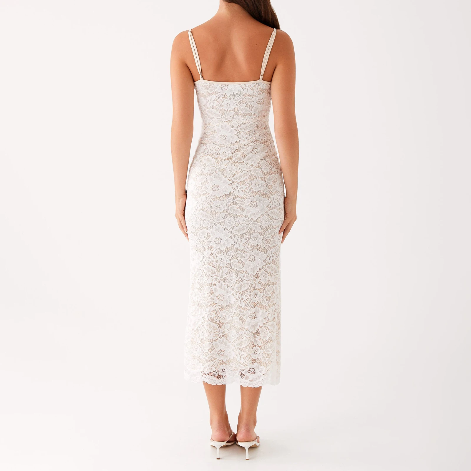 Women Elegant Long Dress Lace Flower Tie-Up Front Cami Dress Summer Fashion Lady Sexy Sleeveless Bodycon Party Dress Sundress