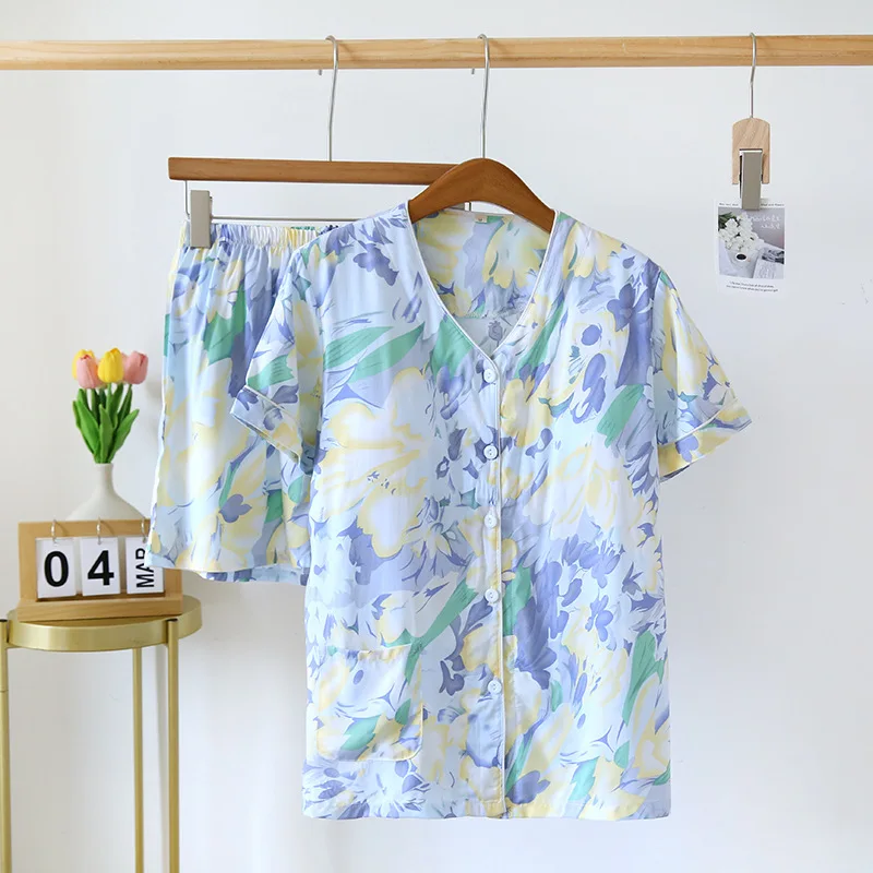 2024 New Women's Pajama Set 100% Viscous V-Neck Short Sleeve Shorts Two Piece Set with Chest Pad LadiesThin Home Furnishing