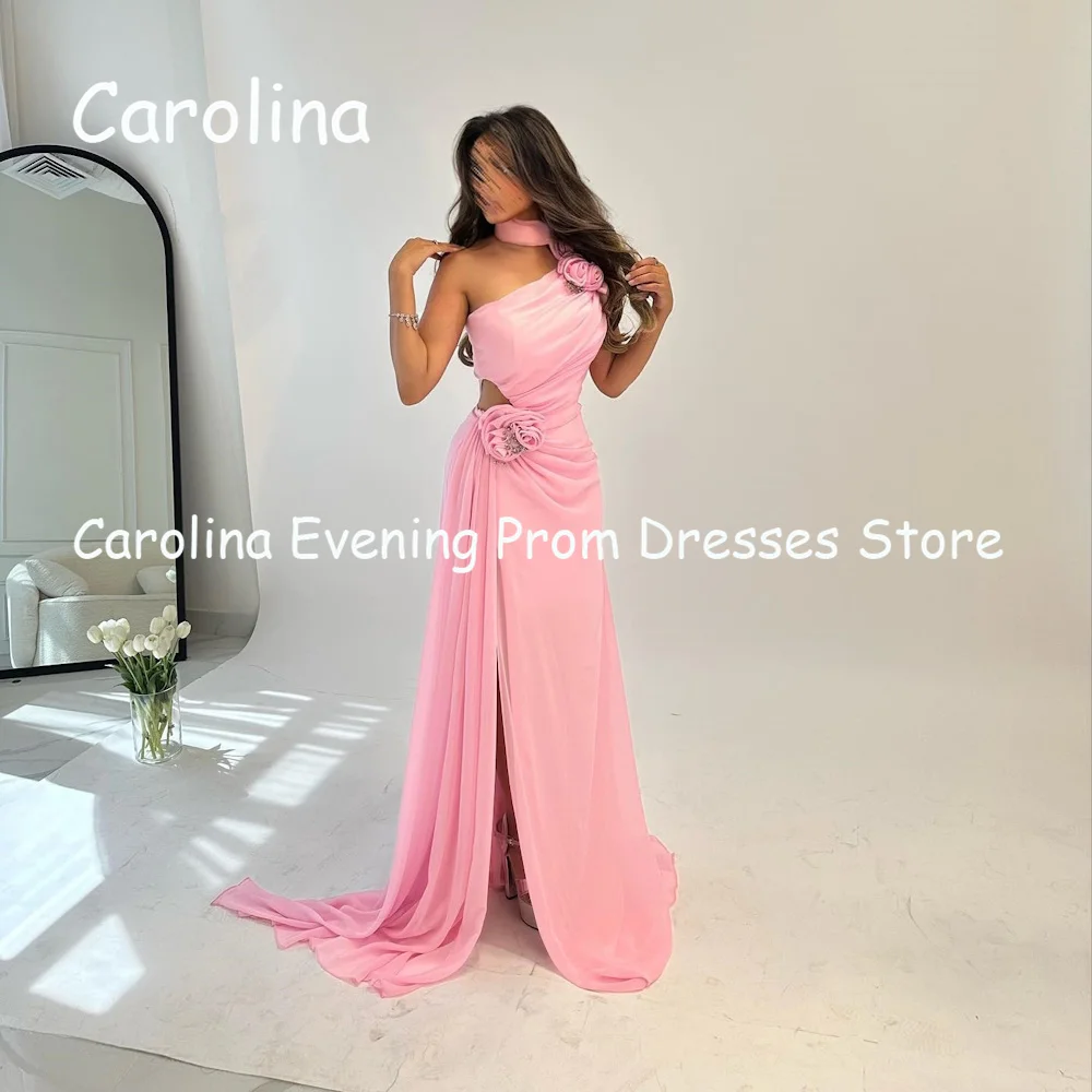 Carolina Satin A-line One-shoulder Flowers Ruffle Prom Gown Floor Length Saudi Evening Formal Elegant Party Dress for Women 2023