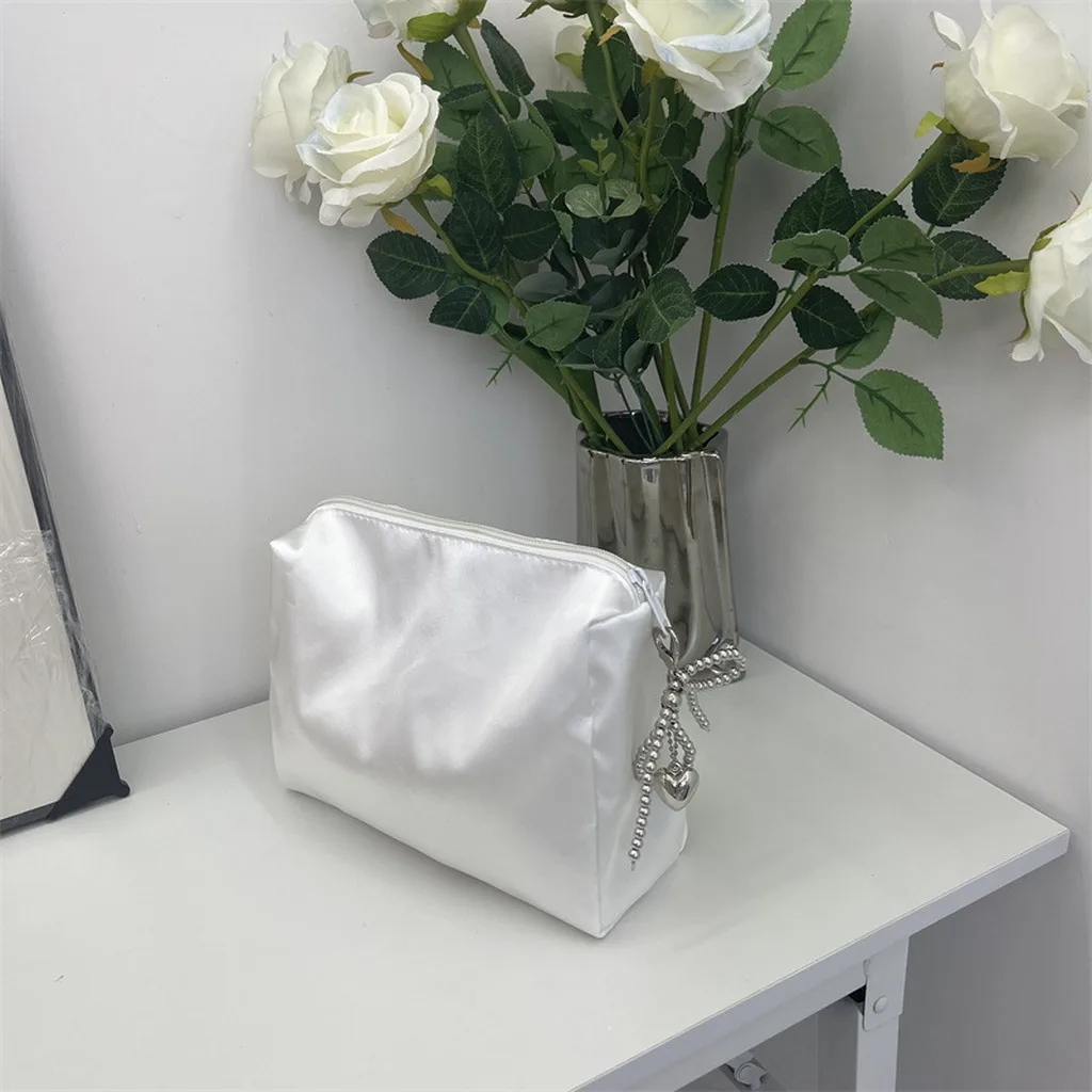 Elegant Makeup Bag Pearl Bow Chic Cosmetic Pouch Zipper Travel Toiletry Organizer Satin Beauty Case Portable Storage Pack
