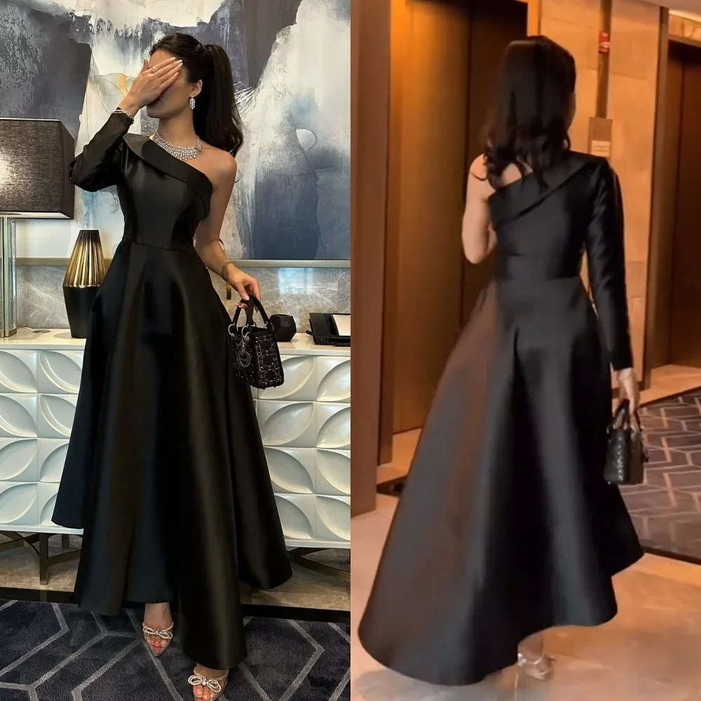 

Customized Satin Pleat Engagement A-line One-shoulder Bespoke Occasion Gown Long Dresses